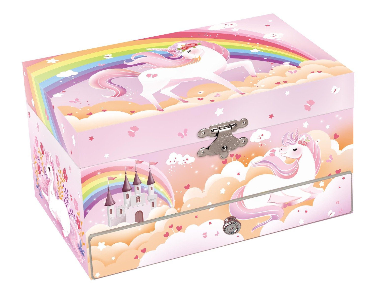 Kaper Kidz Rainbow Unicorn Heirloom Music Box with colorful rainbow and unicorn design, featuring intricate craftsmanship.